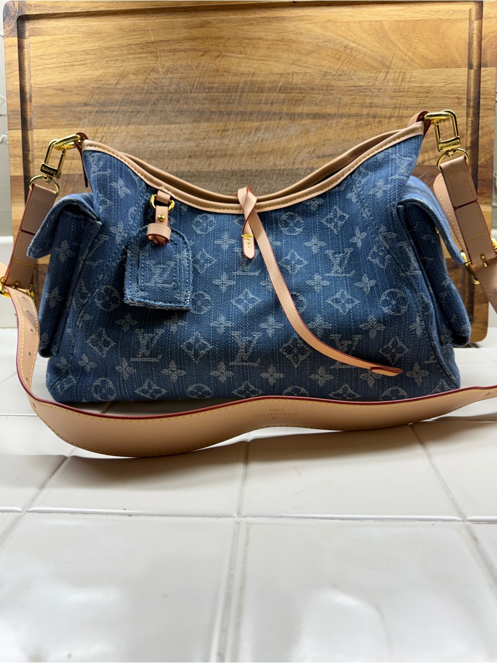 Source Unknown Blue Denim Monogram Shoulder Bag with Natural Leather Trim